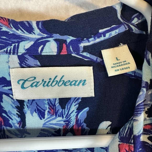 Caribbean Mens Short Sleeve ButtonUp Hawaiian Shirt Blue Large - Picture 2 of 7